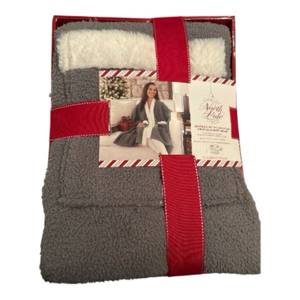 North Pole Sherpa w/faux fur trim blanket wrap in gray and white, pockets